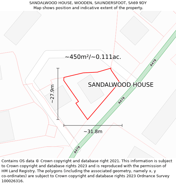SANDALWOOD HOUSE, WOODEN, SAUNDERSFOOT, SA69 9DY: Plot and title map