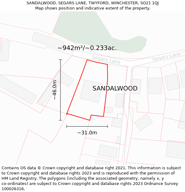 SANDALWOOD, SEGARS LANE, TWYFORD, WINCHESTER, SO21 1QJ: Plot and title map