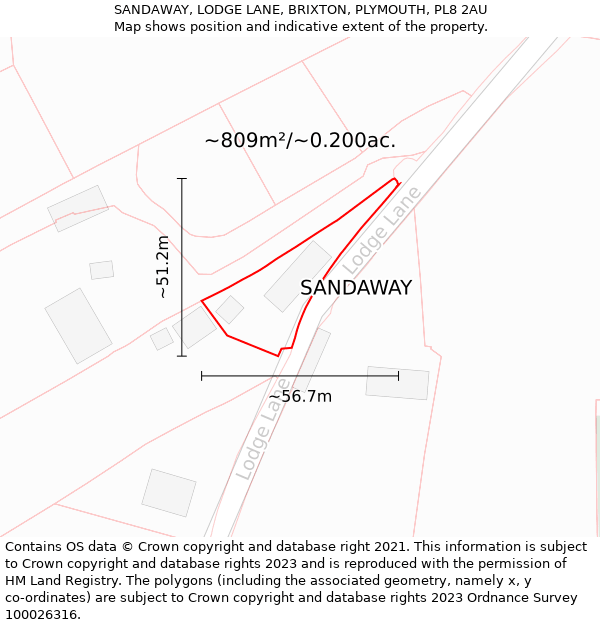 SANDAWAY, LODGE LANE, BRIXTON, PLYMOUTH, PL8 2AU: Plot and title map