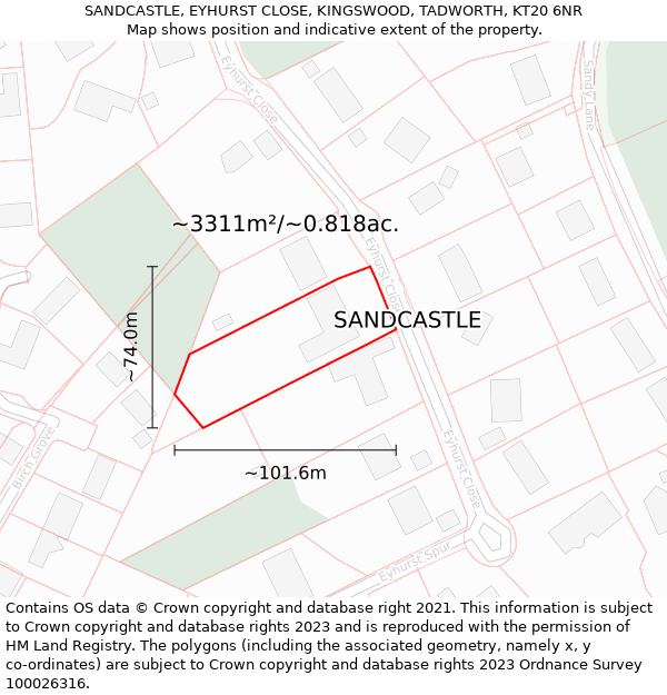 SANDCASTLE, EYHURST CLOSE, KINGSWOOD, TADWORTH, KT20 6NR: Plot and title map