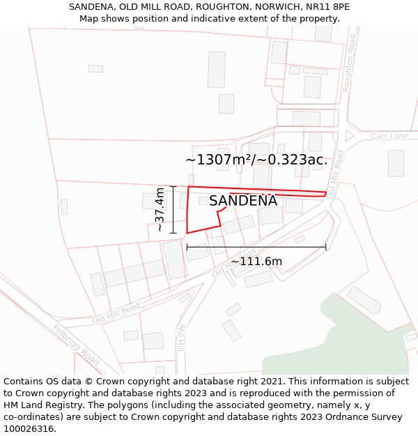 SANDENA, OLD MILL ROAD, ROUGHTON, NORWICH, NR11 8PE: Plot and title map