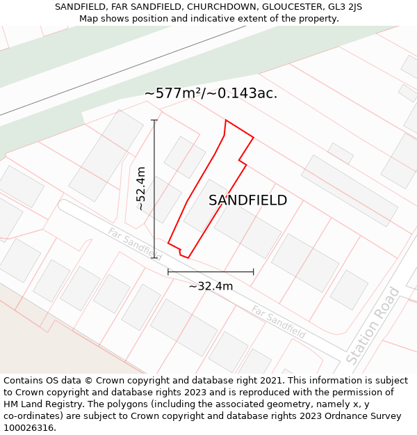 SANDFIELD, FAR SANDFIELD, CHURCHDOWN, GLOUCESTER, GL3 2JS: Plot and title map