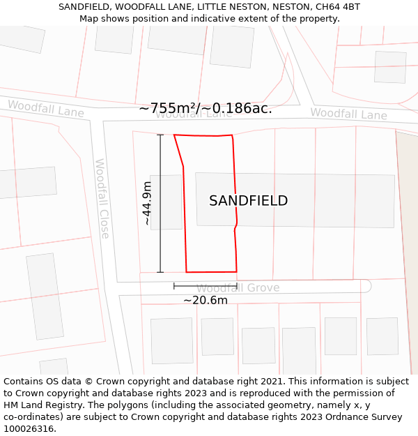 SANDFIELD, WOODFALL LANE, LITTLE NESTON, NESTON, CH64 4BT: Plot and title map