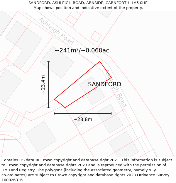 SANDFORD, ASHLEIGH ROAD, ARNSIDE, CARNFORTH, LA5 0HE: Plot and title map