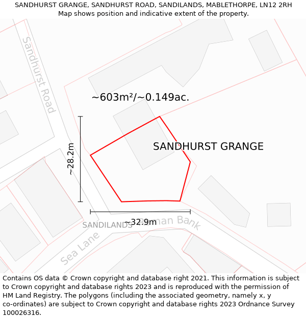 SANDHURST GRANGE, SANDHURST ROAD, SANDILANDS, MABLETHORPE, LN12 2RH: Plot and title map