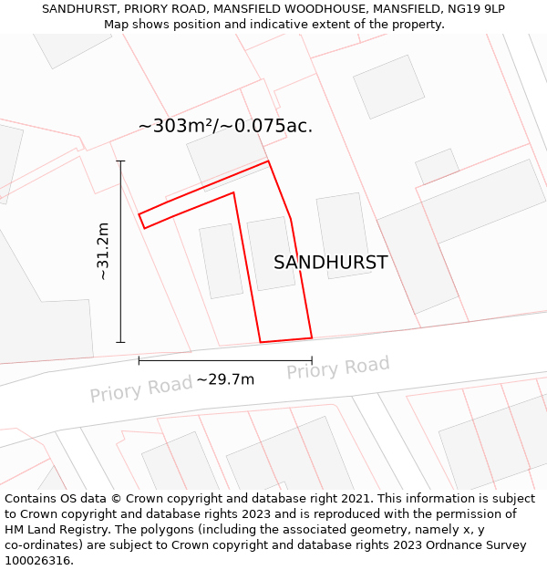 SANDHURST, PRIORY ROAD, MANSFIELD WOODHOUSE, MANSFIELD, NG19 9LP: Plot and title map