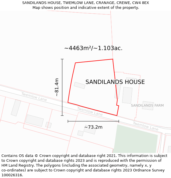 SANDILANDS HOUSE, TWEMLOW LANE, CRANAGE, CREWE, CW4 8EX: Plot and title map