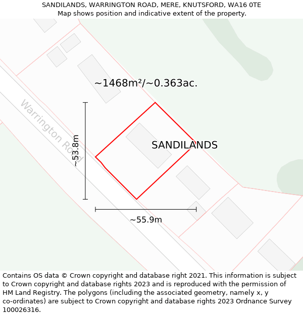 SANDILANDS, WARRINGTON ROAD, MERE, KNUTSFORD, WA16 0TE: Plot and title map