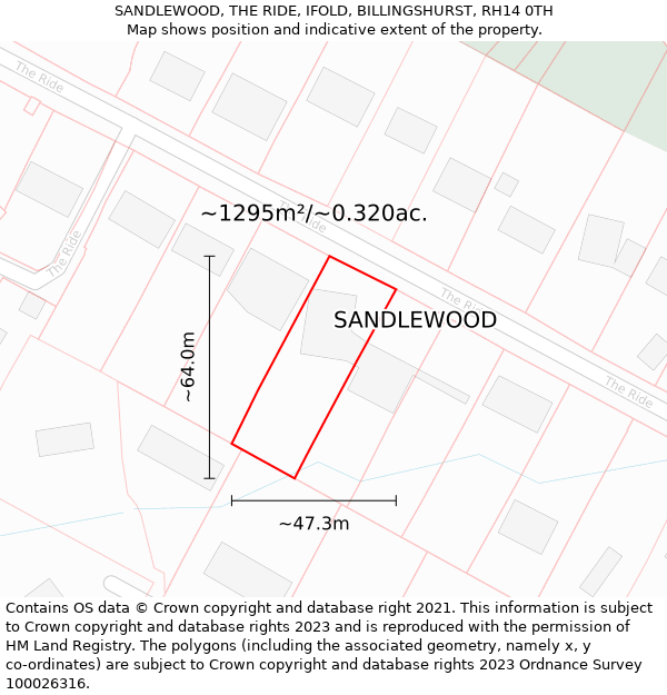 SANDLEWOOD, THE RIDE, IFOLD, BILLINGSHURST, RH14 0TH: Plot and title map