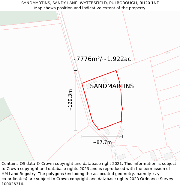 SANDMARTINS, SANDY LANE, WATERSFIELD, PULBOROUGH, RH20 1NF: Plot and title map