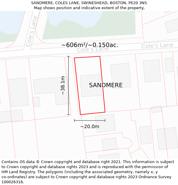 SANDMERE, COLES LANE, SWINESHEAD, BOSTON, PE20 3NS: Plot and title map