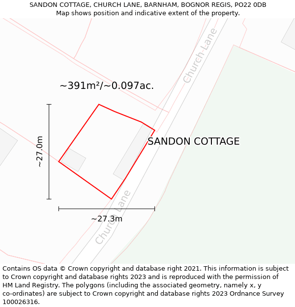 SANDON COTTAGE, CHURCH LANE, BARNHAM, BOGNOR REGIS, PO22 0DB: Plot and title map