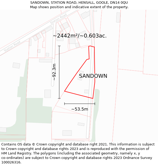 SANDOWN, STATION ROAD, HENSALL, GOOLE, DN14 0QU: Plot and title map