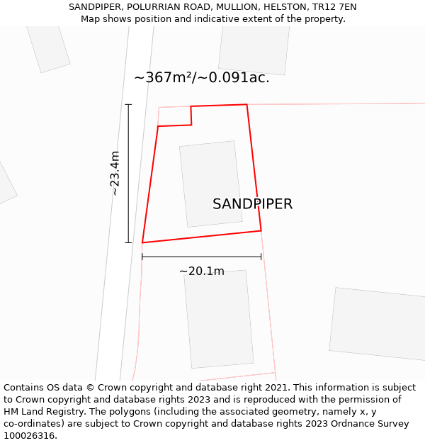 SANDPIPER, POLURRIAN ROAD, MULLION, HELSTON, TR12 7EN: Plot and title map