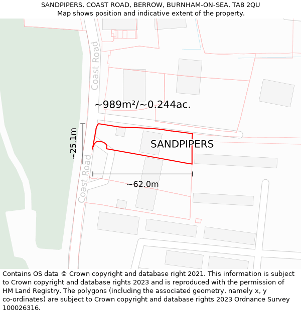 SANDPIPERS, COAST ROAD, BERROW, BURNHAM-ON-SEA, TA8 2QU: Plot and title map