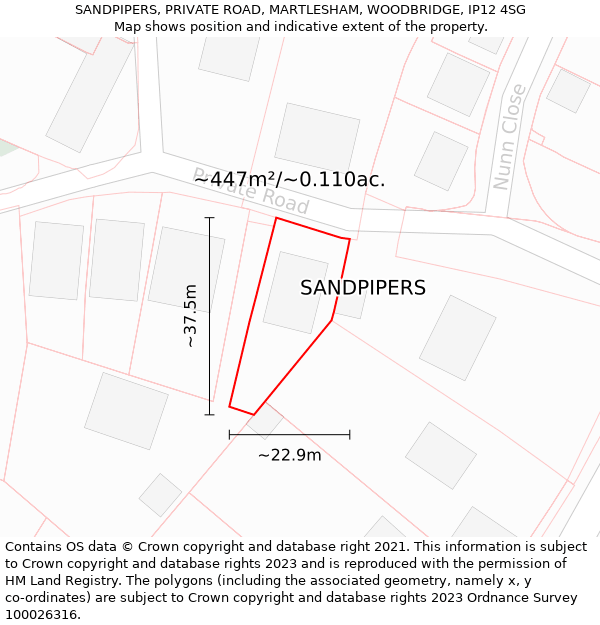 SANDPIPERS, PRIVATE ROAD, MARTLESHAM, WOODBRIDGE, IP12 4SG: Plot and title map