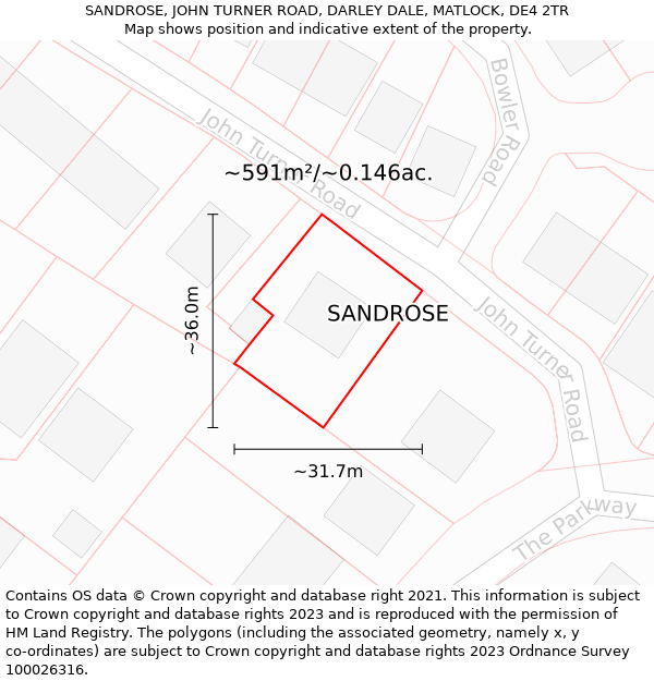 SANDROSE, JOHN TURNER ROAD, DARLEY DALE, MATLOCK, DE4 2TR: Plot and title map