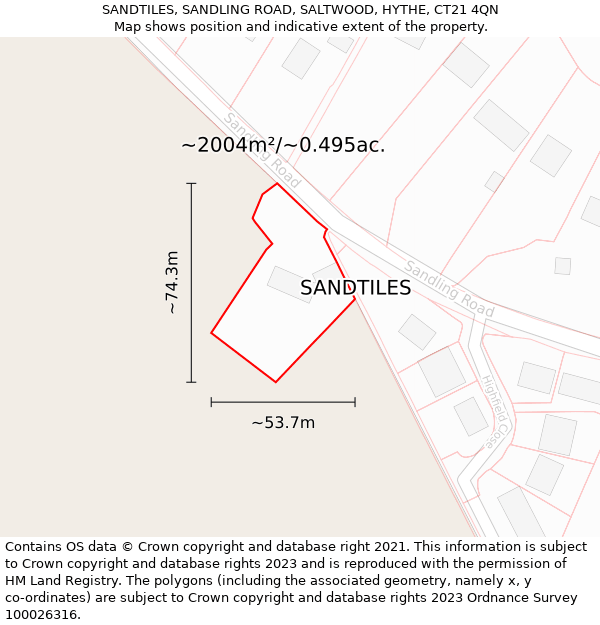 SANDTILES, SANDLING ROAD, SALTWOOD, HYTHE, CT21 4QN: Plot and title map