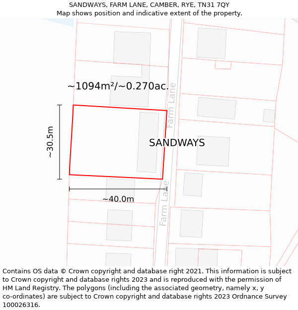 SANDWAYS, FARM LANE, CAMBER, RYE, TN31 7QY: Plot and title map