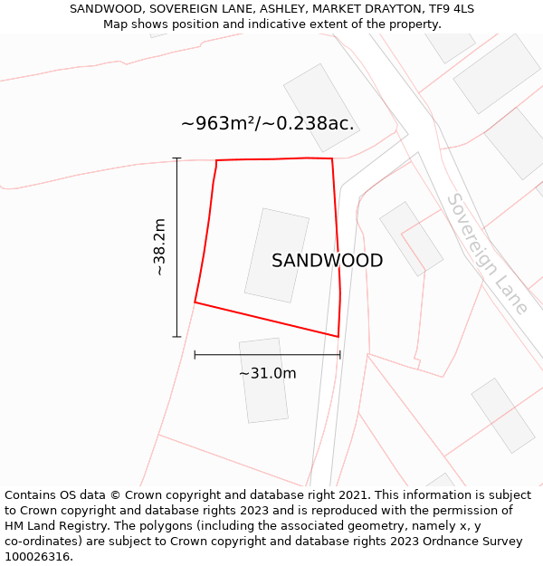 SANDWOOD, SOVEREIGN LANE, ASHLEY, MARKET DRAYTON, TF9 4LS: Plot and title map