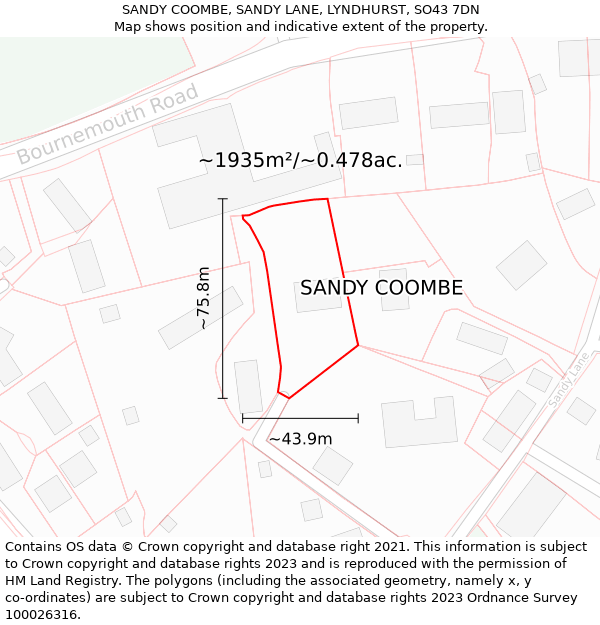 SANDY COOMBE, SANDY LANE, LYNDHURST, SO43 7DN: Plot and title map