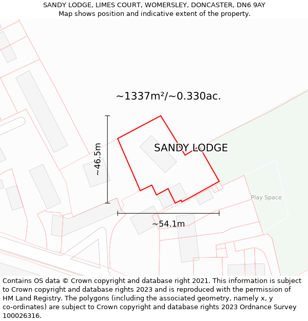 SANDY LODGE, LIMES COURT, WOMERSLEY, DONCASTER, DN6 9AY: Plot and title map