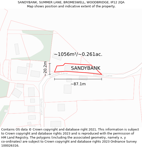 SANDYBANK, SUMMER LANE, BROMESWELL, WOODBRIDGE, IP12 2QA: Plot and title map
