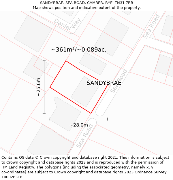 SANDYBRAE, SEA ROAD, CAMBER, RYE, TN31 7RR: Plot and title map