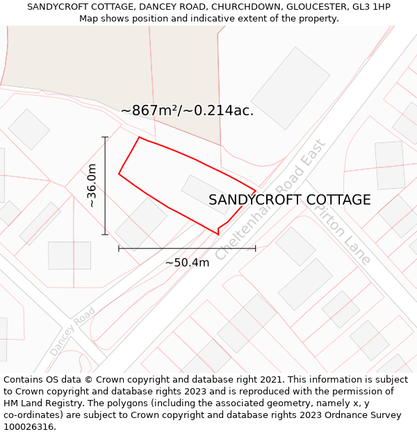 SANDYCROFT COTTAGE, DANCEY ROAD, CHURCHDOWN, GLOUCESTER, GL3 1HP: Plot and title map