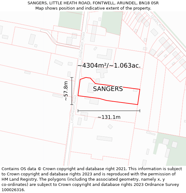 SANGERS, LITTLE HEATH ROAD, FONTWELL, ARUNDEL, BN18 0SR: Plot and title map