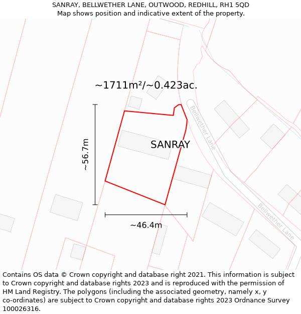 SANRAY, BELLWETHER LANE, OUTWOOD, REDHILL, RH1 5QD: Plot and title map
