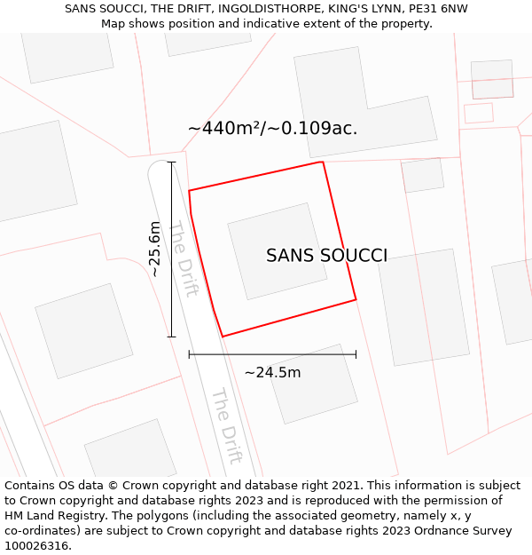 SANS SOUCCI, THE DRIFT, INGOLDISTHORPE, KING'S LYNN, PE31 6NW: Plot and title map