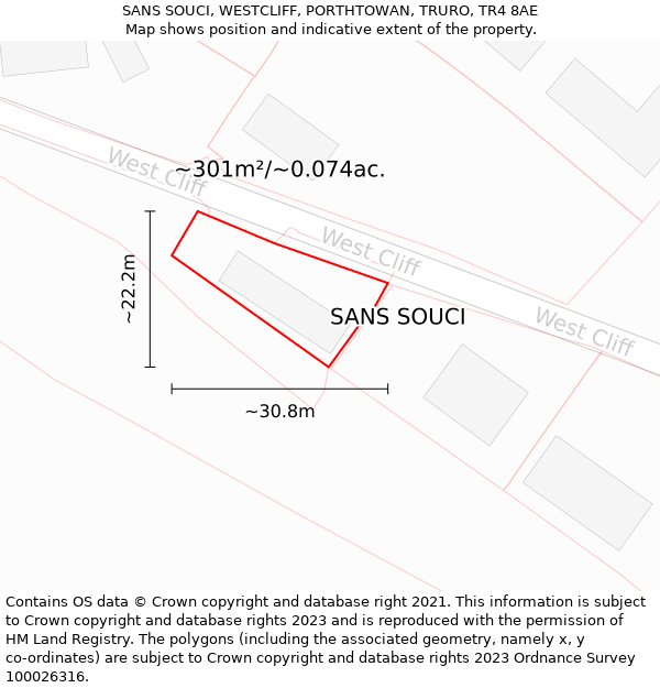 SANS SOUCI, WESTCLIFF, PORTHTOWAN, TRURO, TR4 8AE: Plot and title map