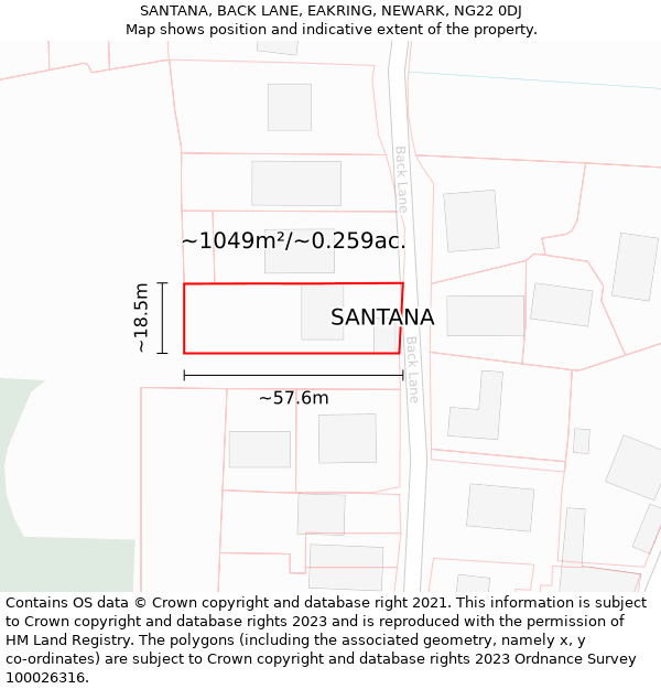 SANTANA, BACK LANE, EAKRING, NEWARK, NG22 0DJ: Plot and title map