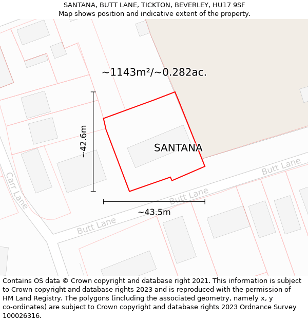 SANTANA, BUTT LANE, TICKTON, BEVERLEY, HU17 9SF: Plot and title map
