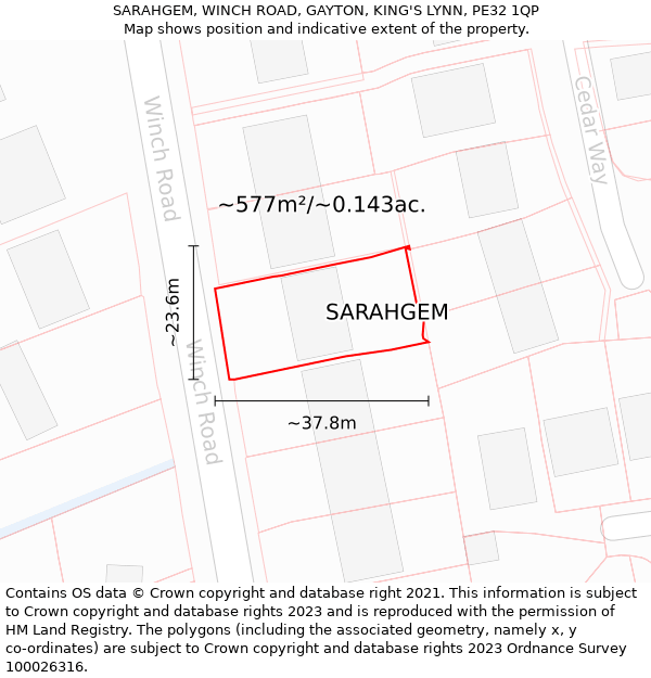 SARAHGEM, WINCH ROAD, GAYTON, KING'S LYNN, PE32 1QP: Plot and title map