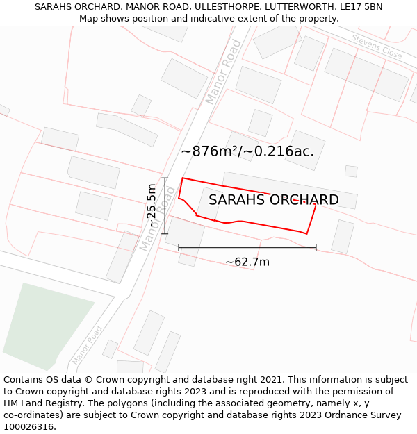 SARAHS ORCHARD, MANOR ROAD, ULLESTHORPE, LUTTERWORTH, LE17 5BN: Plot and title map