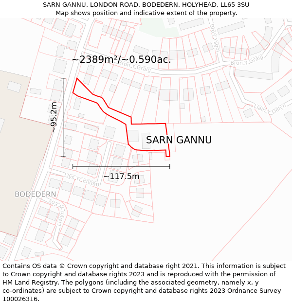 SARN GANNU, LONDON ROAD, BODEDERN, HOLYHEAD, LL65 3SU: Plot and title map