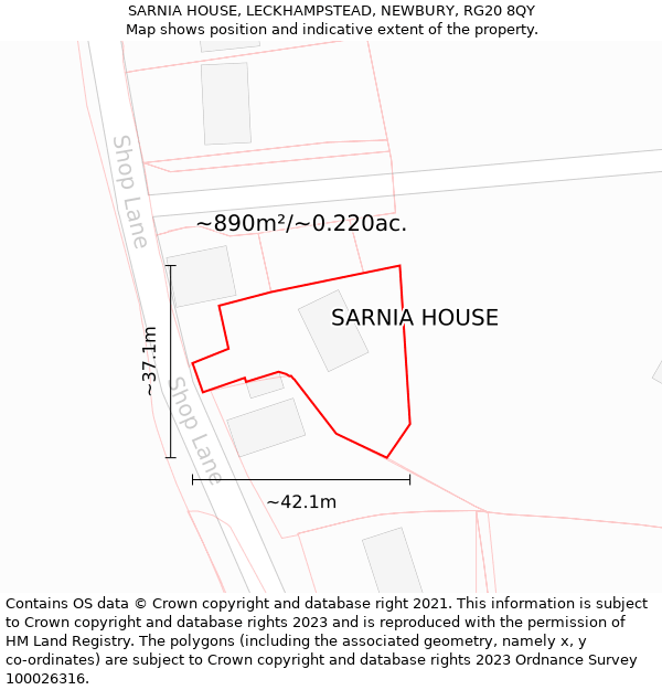 SARNIA HOUSE, LECKHAMPSTEAD, NEWBURY, RG20 8QY: Plot and title map