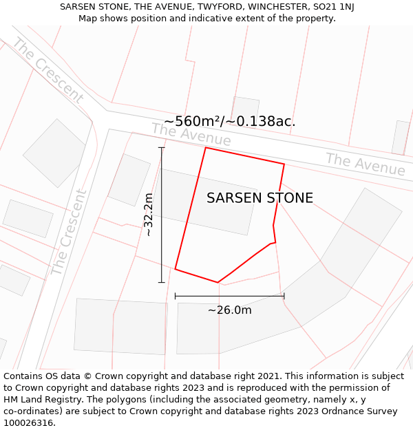 SARSEN STONE, THE AVENUE, TWYFORD, WINCHESTER, SO21 1NJ: Plot and title map