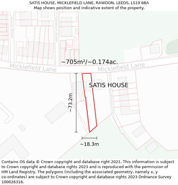 SATIS HOUSE, MICKLEFIELD LANE, RAWDON, LEEDS, LS19 6BA: Plot and title map