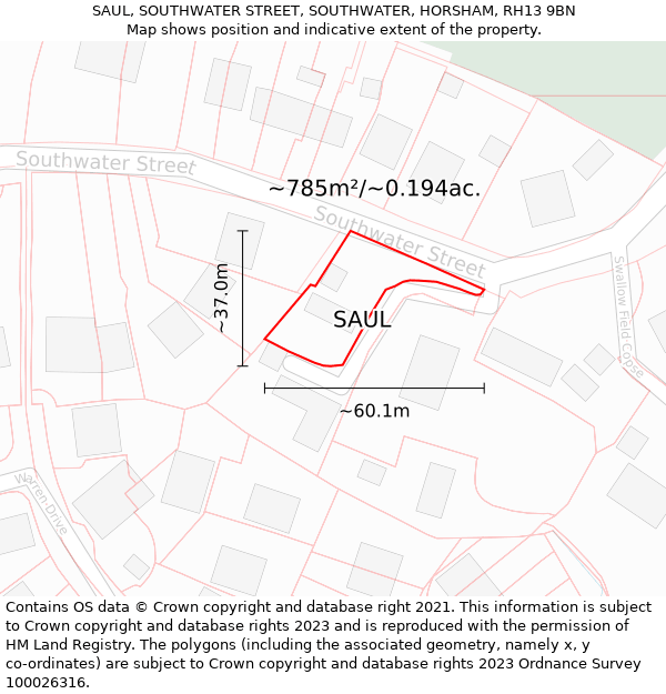 SAUL, SOUTHWATER STREET, SOUTHWATER, HORSHAM, RH13 9BN: Plot and title map