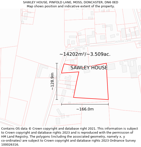 SAWLEY HOUSE, PINFOLD LANE, MOSS, DONCASTER, DN6 0ED: Plot and title map