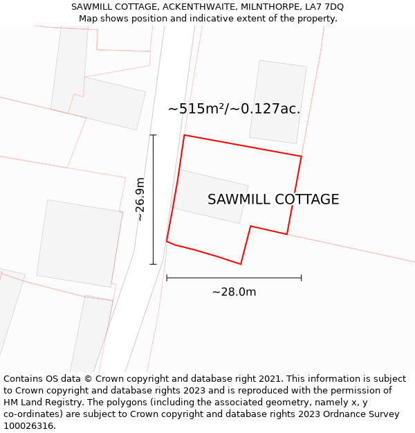 SAWMILL COTTAGE, ACKENTHWAITE, MILNTHORPE, LA7 7DQ: Plot and title map