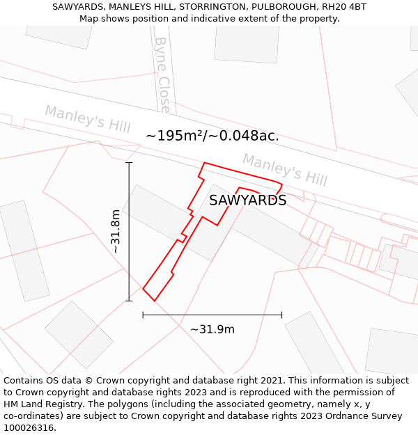 SAWYARDS, MANLEYS HILL, STORRINGTON, PULBOROUGH, RH20 4BT: Plot and title map