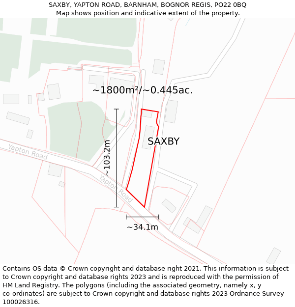 SAXBY, YAPTON ROAD, BARNHAM, BOGNOR REGIS, PO22 0BQ: Plot and title map