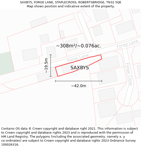 SAXBYS, FORGE LANE, STAPLECROSS, ROBERTSBRIDGE, TN32 5QE: Plot and title map