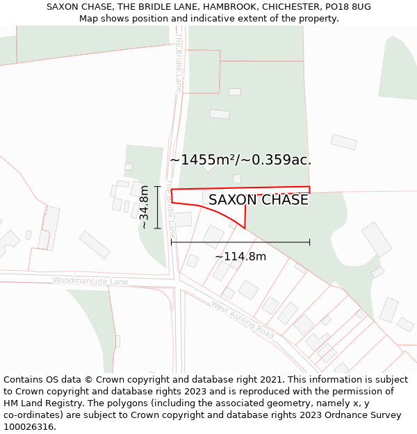 SAXON CHASE, THE BRIDLE LANE, HAMBROOK, CHICHESTER, PO18 8UG: Plot and title map