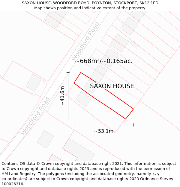 SAXON HOUSE, WOODFORD ROAD, POYNTON, STOCKPORT, SK12 1ED: Plot and title map