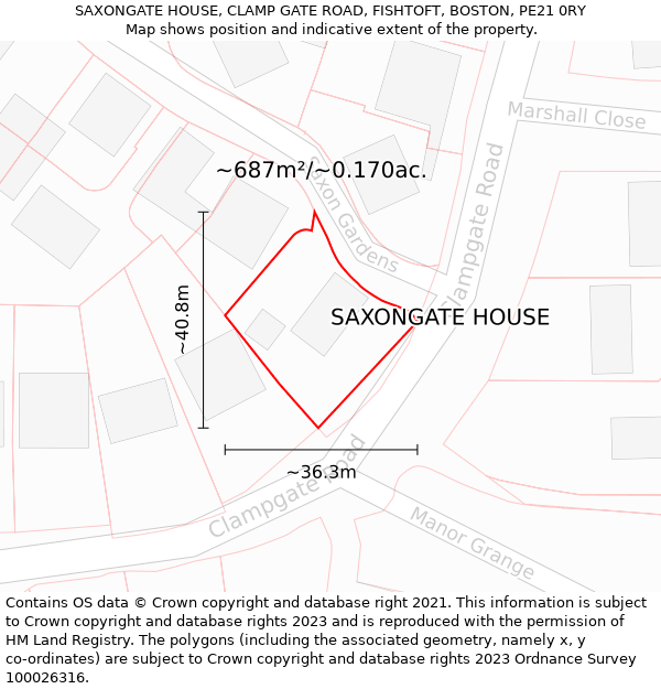 SAXONGATE HOUSE, CLAMP GATE ROAD, FISHTOFT, BOSTON, PE21 0RY: Plot and title map